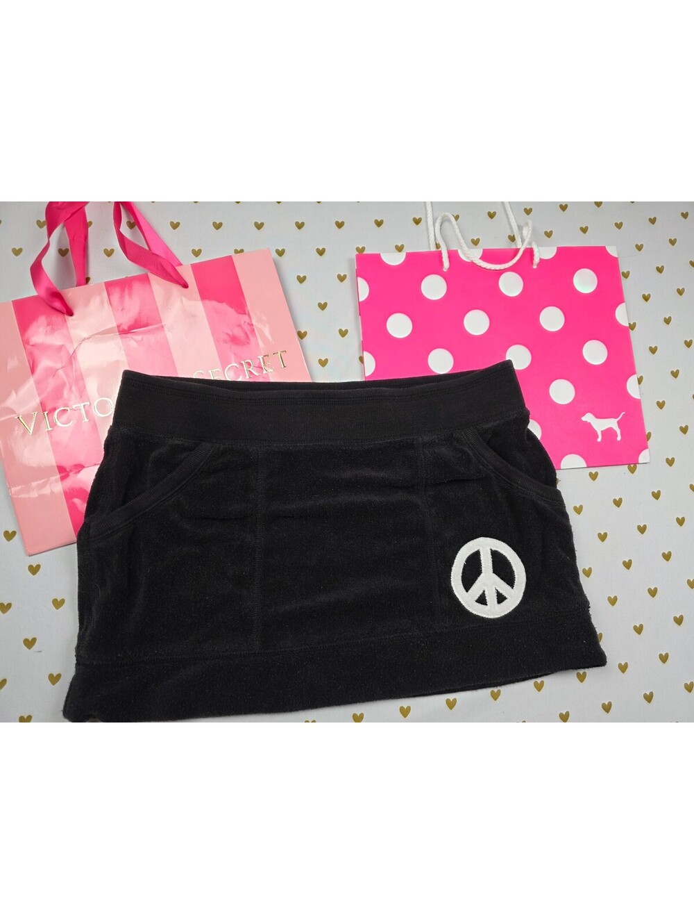 Vintage 2008 VS PINK Love Pink Velour Mini Skirt Peace Sign Black Small Y2K